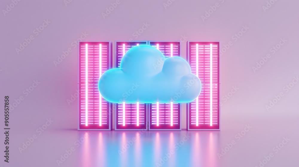 Poster futuristic cloud computing technology concept with a blue cloud icon in front of pink glowing server