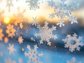 Snowflakes on a window with a sunset in the background.