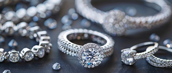 Sparkling diamond engagement rings and jewelry on a dark background.