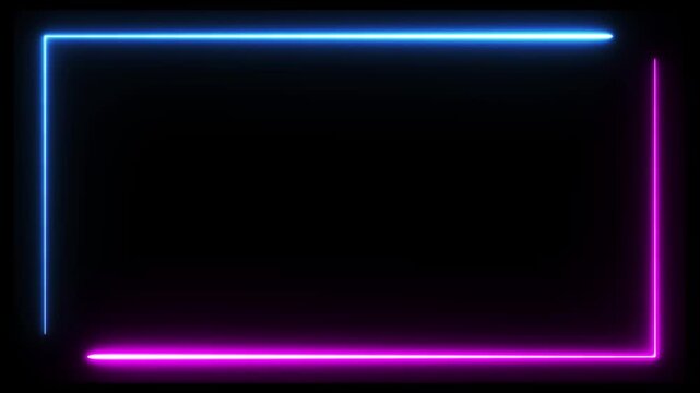 Abstract neon studio background, rectangular frame made of two moving neon lights overlay, seamless concert wall neon gradient web animation.