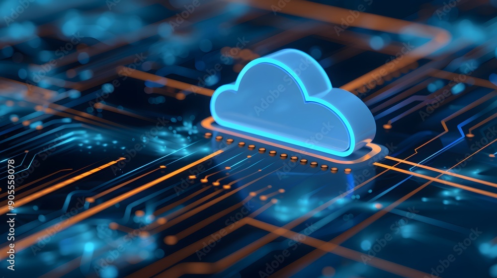 Poster futuristic cloud computing technology concept with digital circuits and a glowing cloud icon on a ci