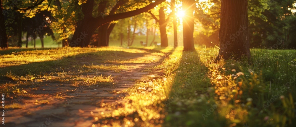 Poster sunbeams through trees illuminating a path in a forest.
