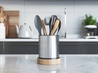 Stainless steel utensil holder with wooden base on a kitchen counter.