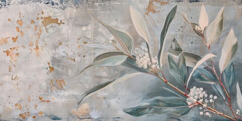 An Australian gum blossom branch, featuring delicate white blossoms and verdant leaves, is portrayed with artistry against a textured backdrop, blending nature with artistic expression