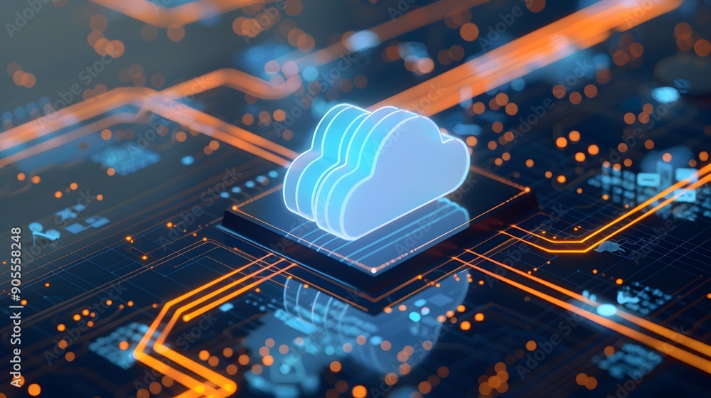 Poster futuristic cloud computing technology concept with digital network connections and data storage symb
