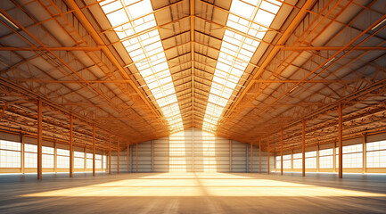 Empty industrial warehouse with high ceiling. The interior of storehouse is illuminated by natural light making it perfect for warehouse background