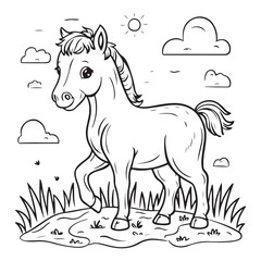 A black and white drawing of a horse with white background