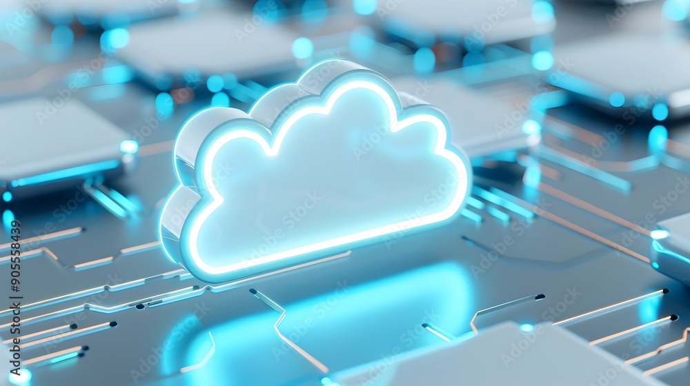 Poster futuristic cloud computing technology concept with glowing cloud icon on electronic circuit board. d
