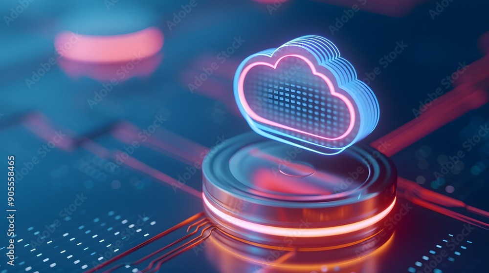 Poster futuristic cloud computing technology concept with glowing cloud shape on a digital circuit board ba