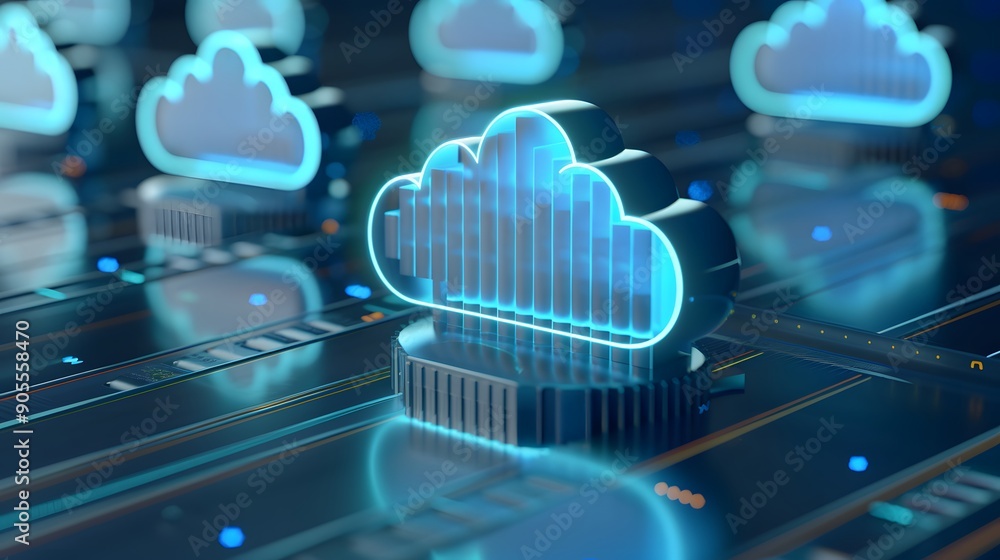 Poster futuristic cloud computing technology concept with glowing cloud icons on a circuit board, represent