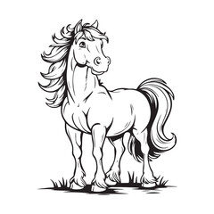 A black and white drawing of a horse with white background
