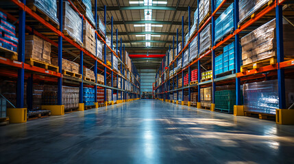 Fototapeta premium Large warehouse interior with tall shelving units filled with various packaged goods. Symmetry and depth of background image for distribution center, storage facility, storehouse or repository