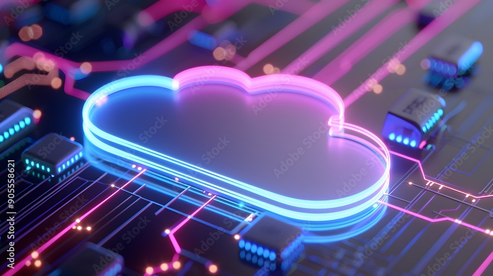 Poster futuristic cloud computing technology concept with glowing neon lights and circuit board, representi
