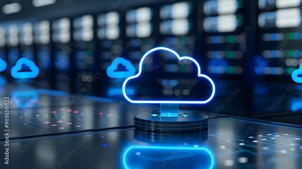 Poster futuristic cloud computing technology concept with neon cloud icons in a modern data center. blue to
