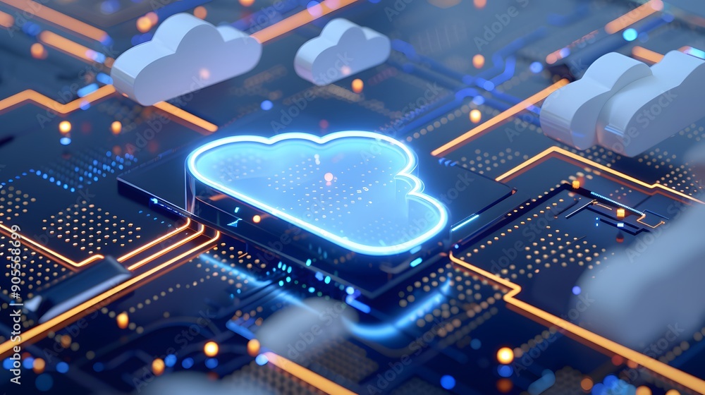 Poster futuristic cloud computing technology concept with neon glowing cloud icon on a circuit board. digit