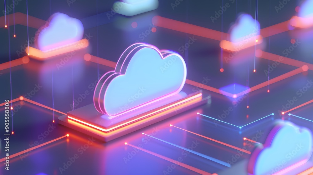 Poster futuristic cloud computing technology concept with neon lights, representing digital data storage an