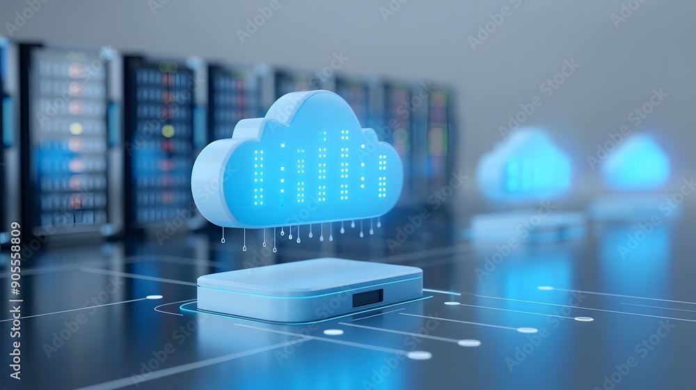 Poster futuristic cloud computing technology concept with servers and digital data storage in a data center