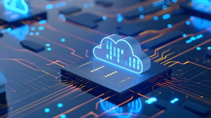 Futuristic cloud computing technology illustration with glowing blue circuits and cloud icons on a microchip board.