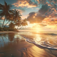 Tranquil beach scene with palm trees silhouetted against a vibrant sunset sky. The gentle waves lap at the shore, creating a serene atmosphere.