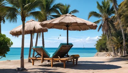 Obraz premium A sun lounger under an umbrella, a drink nearby, the sea and palm trees in the background, seagulls in the turquoise sky