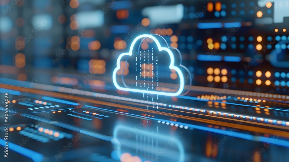 Poster futuristic cloud computing technology symbol against a vibrant background of data and networks, illu