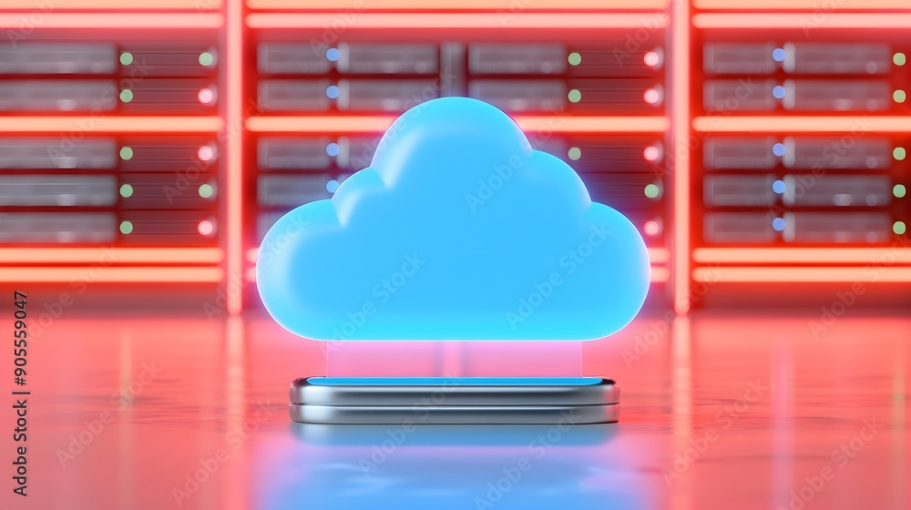 Poster futuristic cloud computing technology with glowing blue cloud icon in data center server room, innov