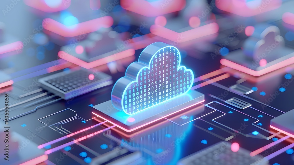 Poster futuristic cloud computing technology with glowing digital networks, symbolizing data storage and tr