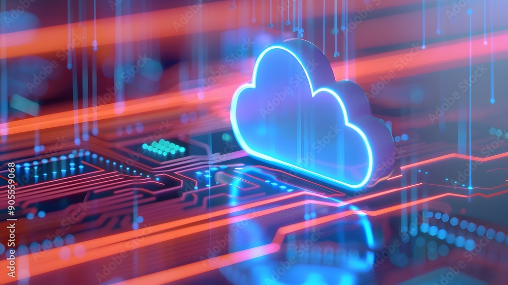 Poster futuristic cloud computing technology with glowing neon cloud symbol on a circuit board, representin