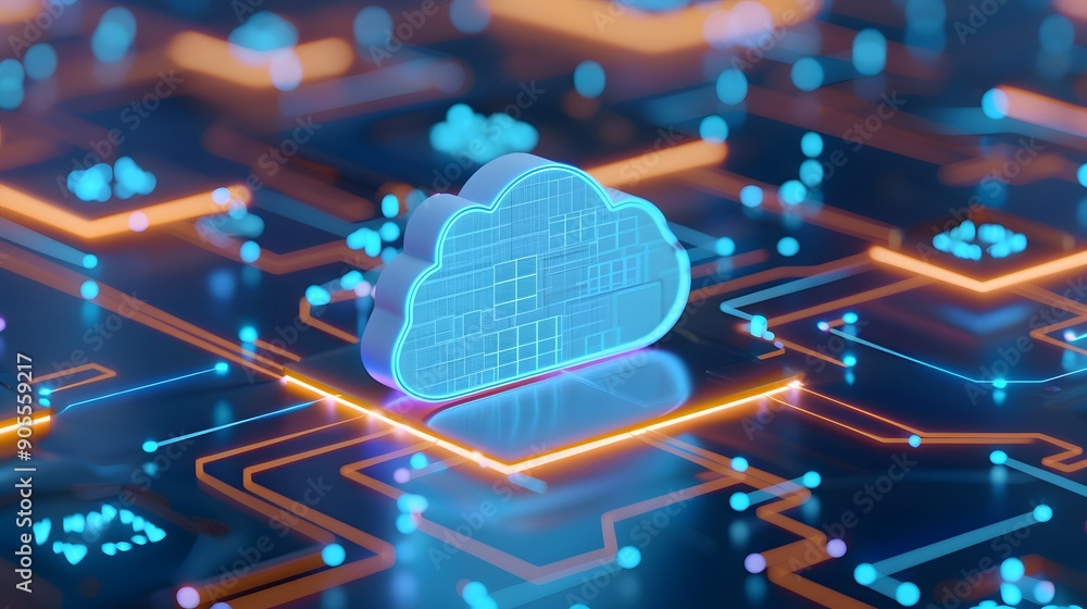 Poster futuristic cloud network technology on a digital blue glowing circuit board, representing cloud comp
