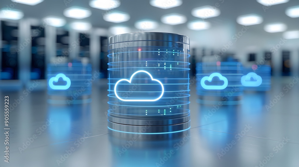 Poster futuristic cloud server in data center. concept of cloud computing, data storage, and modern technol
