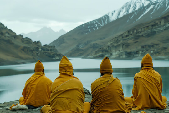 Group of sadhus meditating in the serene surroundings of the Himalayan foothills, with saffron-clad ascetics seated in deep contemplation amidst the tranquil beauty of nature