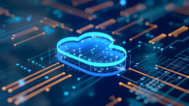 Futuristic cloud technology concept with digital circuit and data flow. Perfect for technology, innovation, and computing themed projects.
