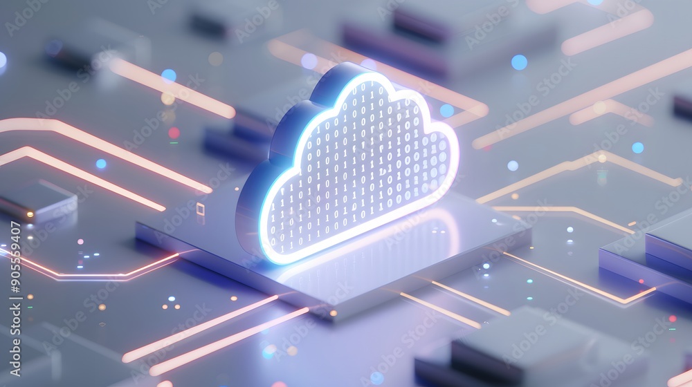 Poster futuristic cloud technology concept with glowing network and circuit design, representing digital da