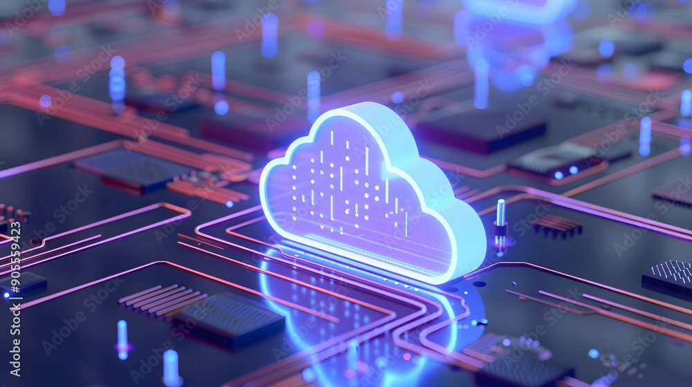 Poster futuristic cloud technology concept with neon lights representing cloud computing and data storage o