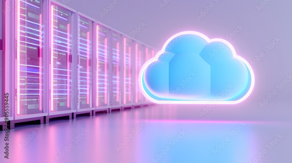 Poster futuristic cloud technology concept with neon servers and glowing cloud symbol representing modern d