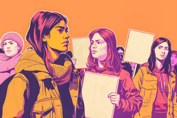 Press freedom rally, with journalists and activists marching in solidarity, holding signs and banners advocating for the protection of free speech and the rights of the press in a democratic society