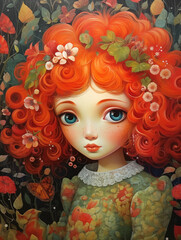 Naklejka premium Naive art illustration of a young girl with vibrant red hair surrounded by flowers