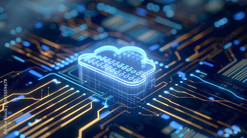 Poster futuristic concept of cloud computing technology represented by a glowing cloud icon on a circuit bo