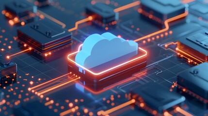 Futuristic concept of cloud computing and data management with highlighted cloud icon on electronic circuit background.
