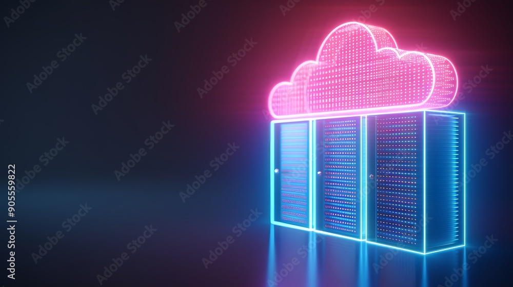 Poster futuristic concept of cloud computing with neon servers and a glowing cloud against a dark backgroun