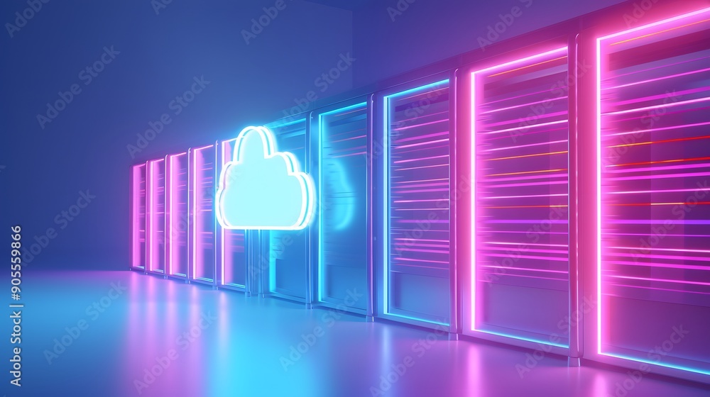 Poster futuristic data center server with neon lights and cloud symbol, representing cloud computing and di