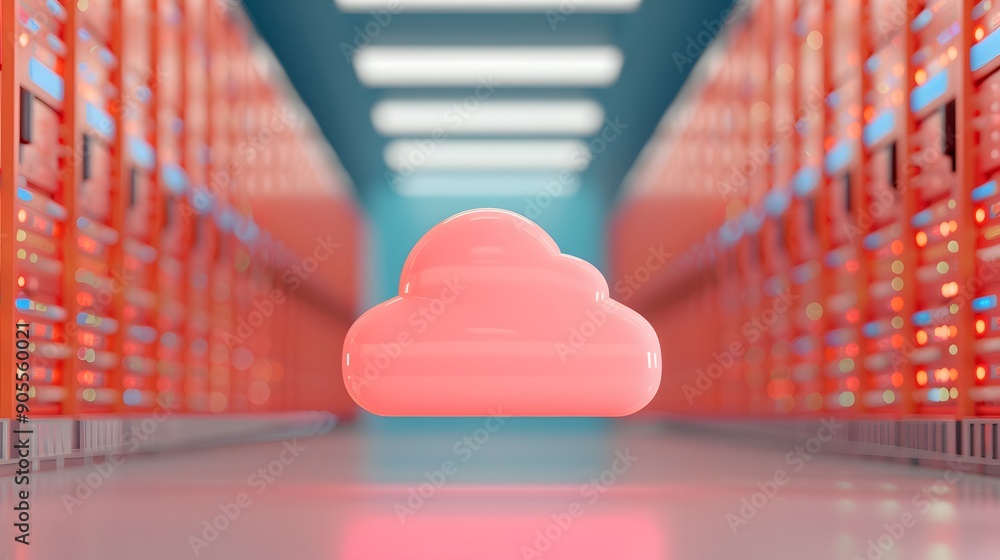 Poster futuristic data center with a glowing pink cloud symbolizing cloud computing technology, surrounded 