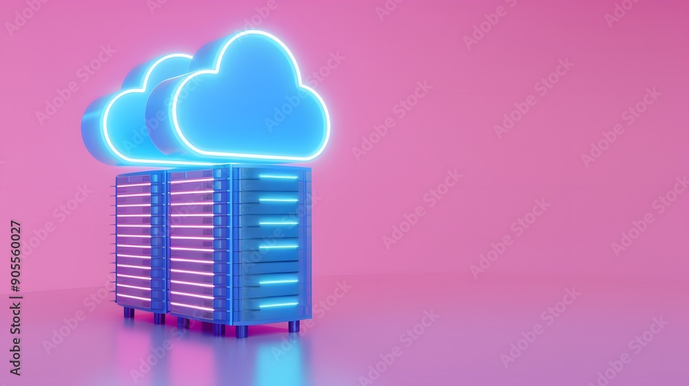 Poster futuristic data center servers with glowing cloud icons on a pink background, representing cloud com