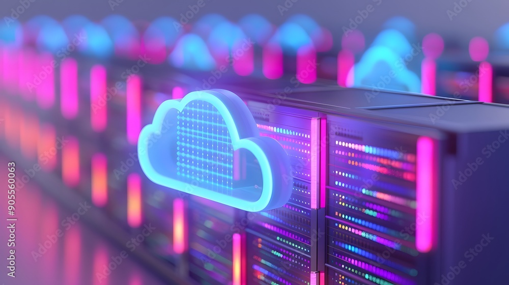 Poster futuristic data center with cloud computing and server technology. vibrant neon lights highlight the