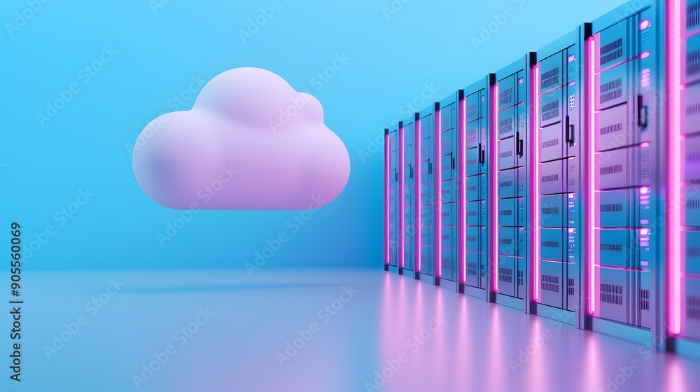 Poster futuristic data center with cloud computing concept. rows of server racks and a cloud icon on a blue