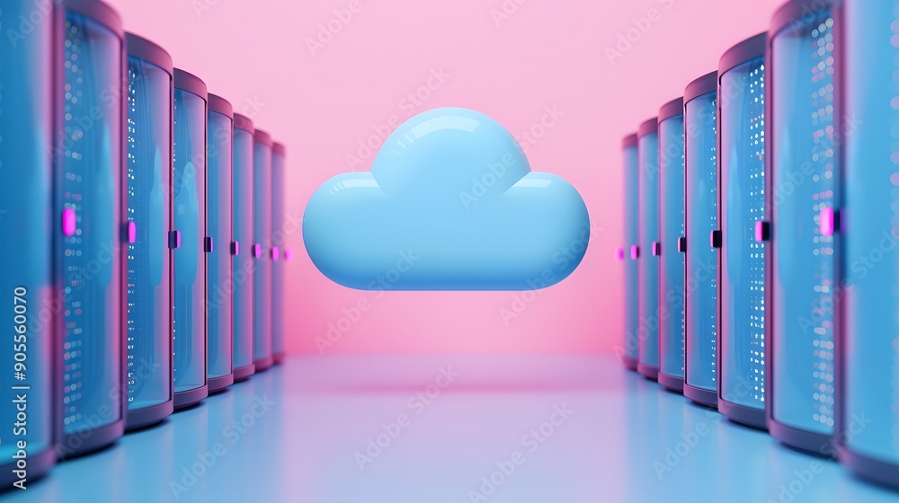 Poster futuristic data center with cloud icon. symbolizing cloud computing, data storage, server technology