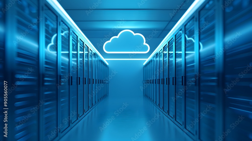 Poster futuristic data center with glowing cloud computing symbol at the end of server racks, representing 