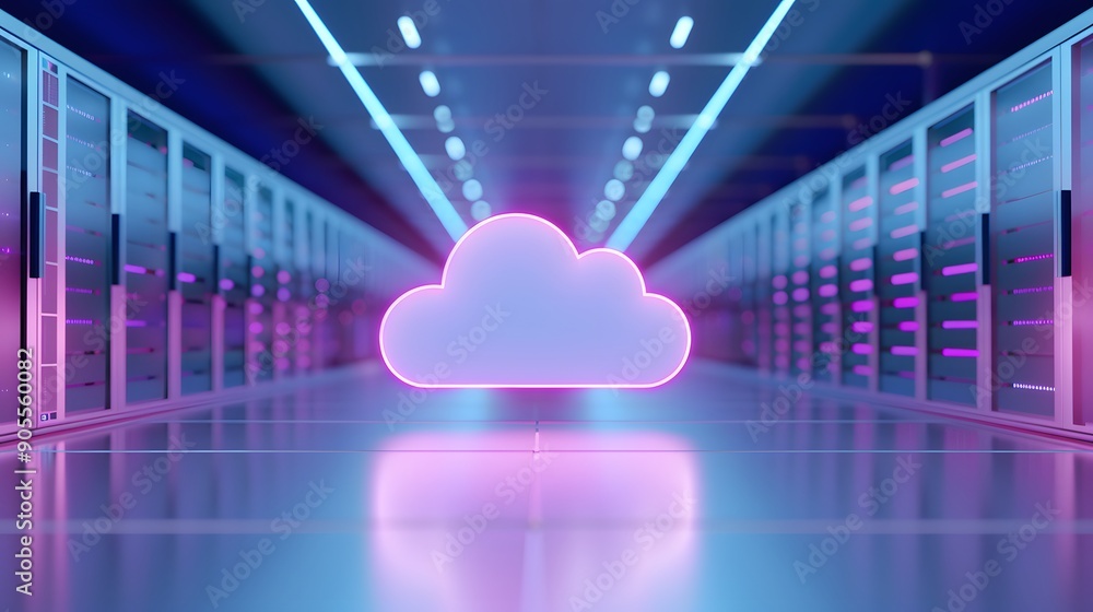 Poster futuristic data center with glowing cloud icon, symbolizing cloud computing, data storage, and moder