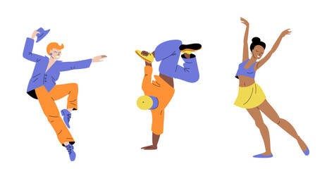 Happy dancing people. Colourful illustrations of diverse dancers performing various dance moves and poses. 