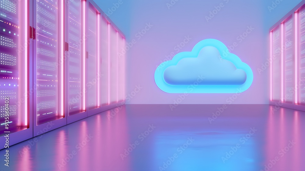 Poster futuristic data center with glowing server racks and a blue cloud icon, representing cloud computing